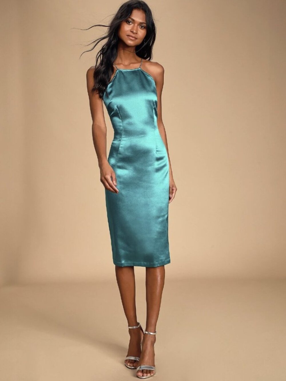 Lulus Zoyah Teal Green Satin Backless Midi Dress NWT